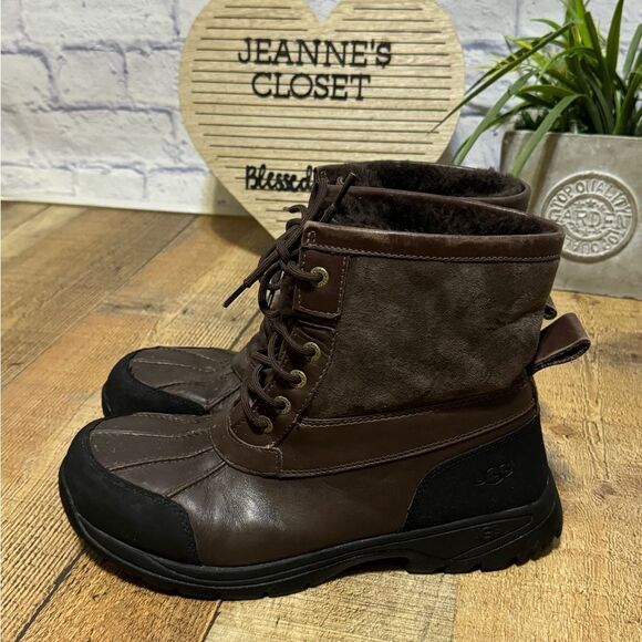 UGG Hilgard Men's 10.5‎ Brown Leather Ankle Shearling Vibram Snow Boot - Picture 7 of 12